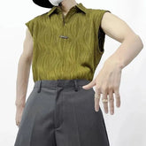 Hearujoy Summer Wave Striped Ribbed Lapel Tank Top Mens Fashion Streetwear Vintage Solid Loose Vest Sleeveless Tees Tops Sexy Polo Shirt